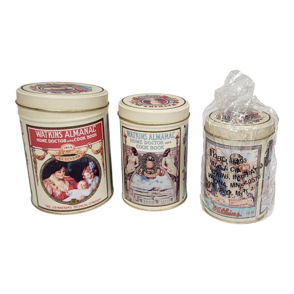 J.R. Watkins Nesting Tin Container Set Almanac 125th Anniversary Heritage